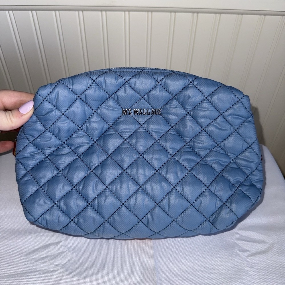 MZ Wallace Quilted Cosmetic Makeup Toiletry Pouch Bag Case Light Baby Blue New